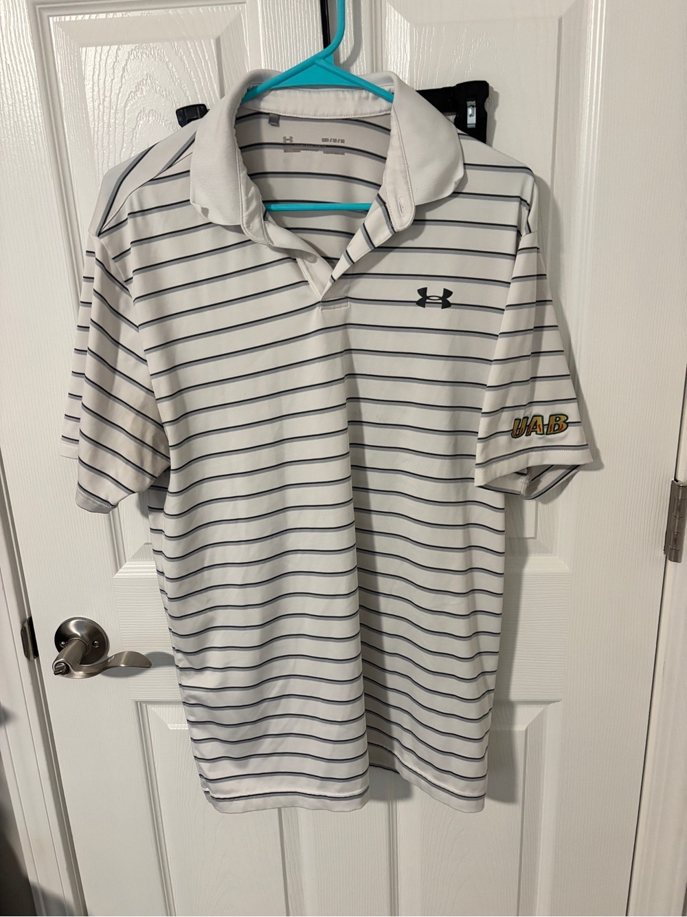 Under Armour White Polo with Navy Stripes and UAB Accent
